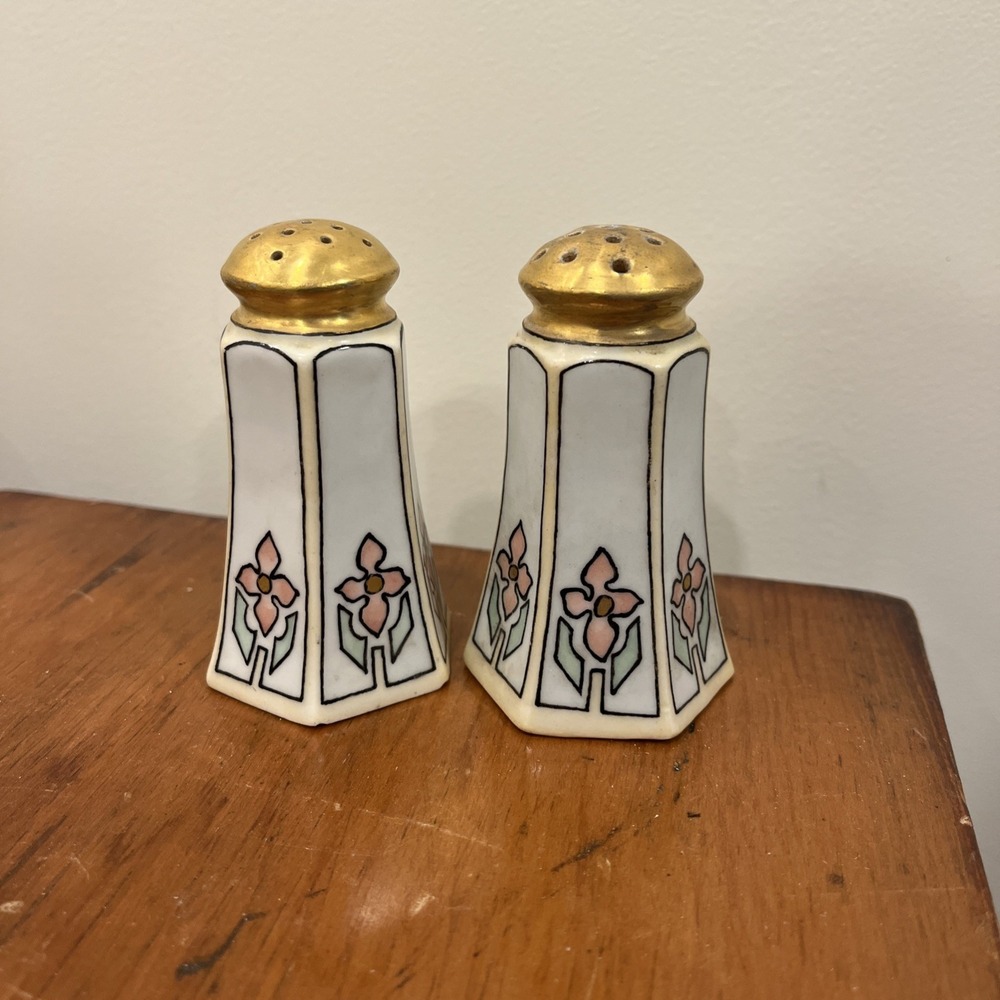Pair O.& E.G. Royal Austria Gold Top Salt And Pepper Shakers, Art Deco, Painted